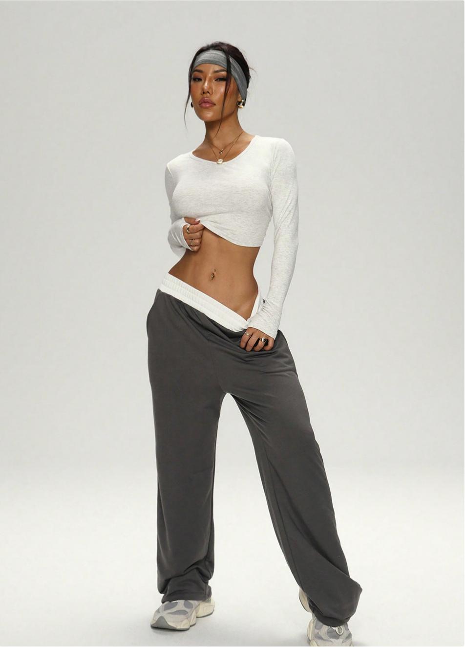 Lila Zen Casual Cropped Short-Sleeved Yoga Set with Wide-Leg Pants