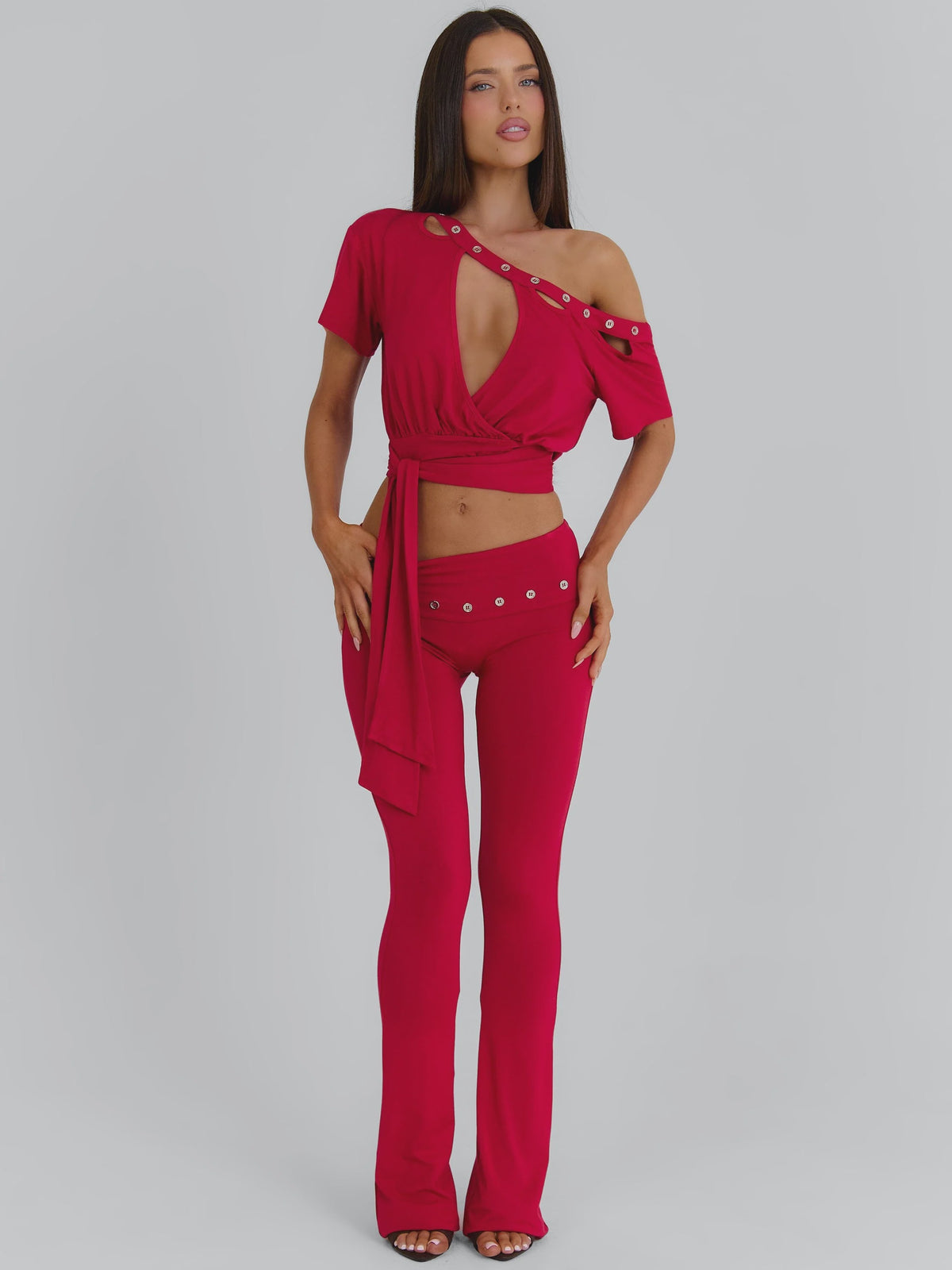 Red Off-Shoulder Deep V Top & Flare Pants Set