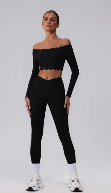 Black Scalloped Crop Top & Leggings Activewear Set