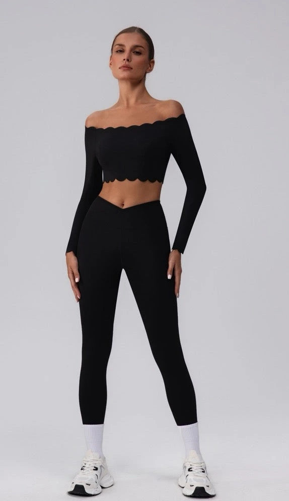 Black Scalloped Crop Top & Leggings Activewear Set