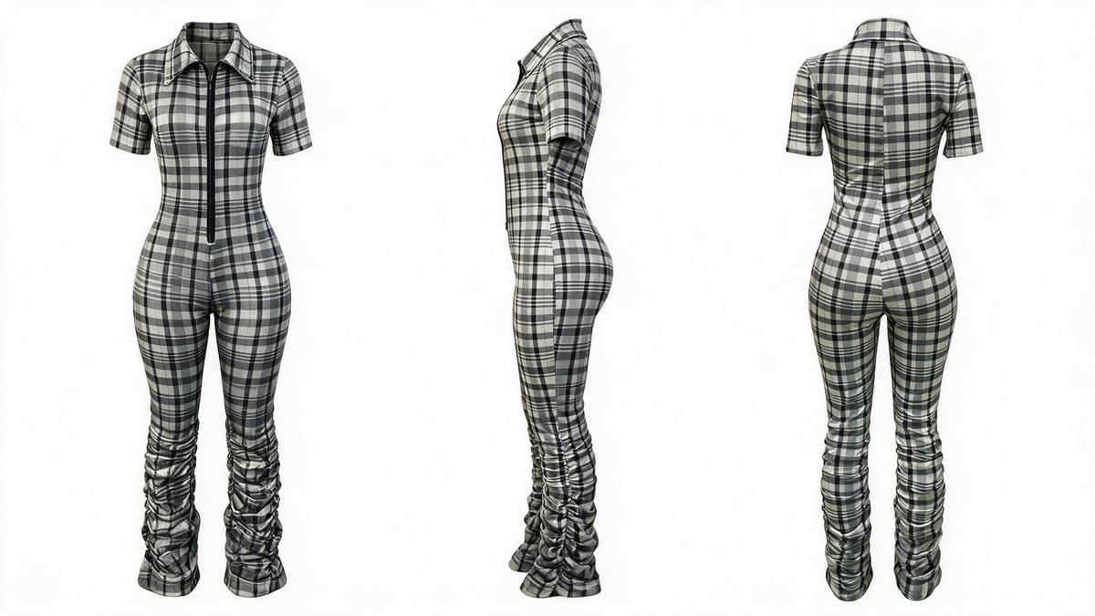 Collared Plaid Zipper Long Sleeve Bodycon Jumpsuit