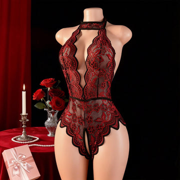 Sexy Red Black Lace Halter Bodysuit