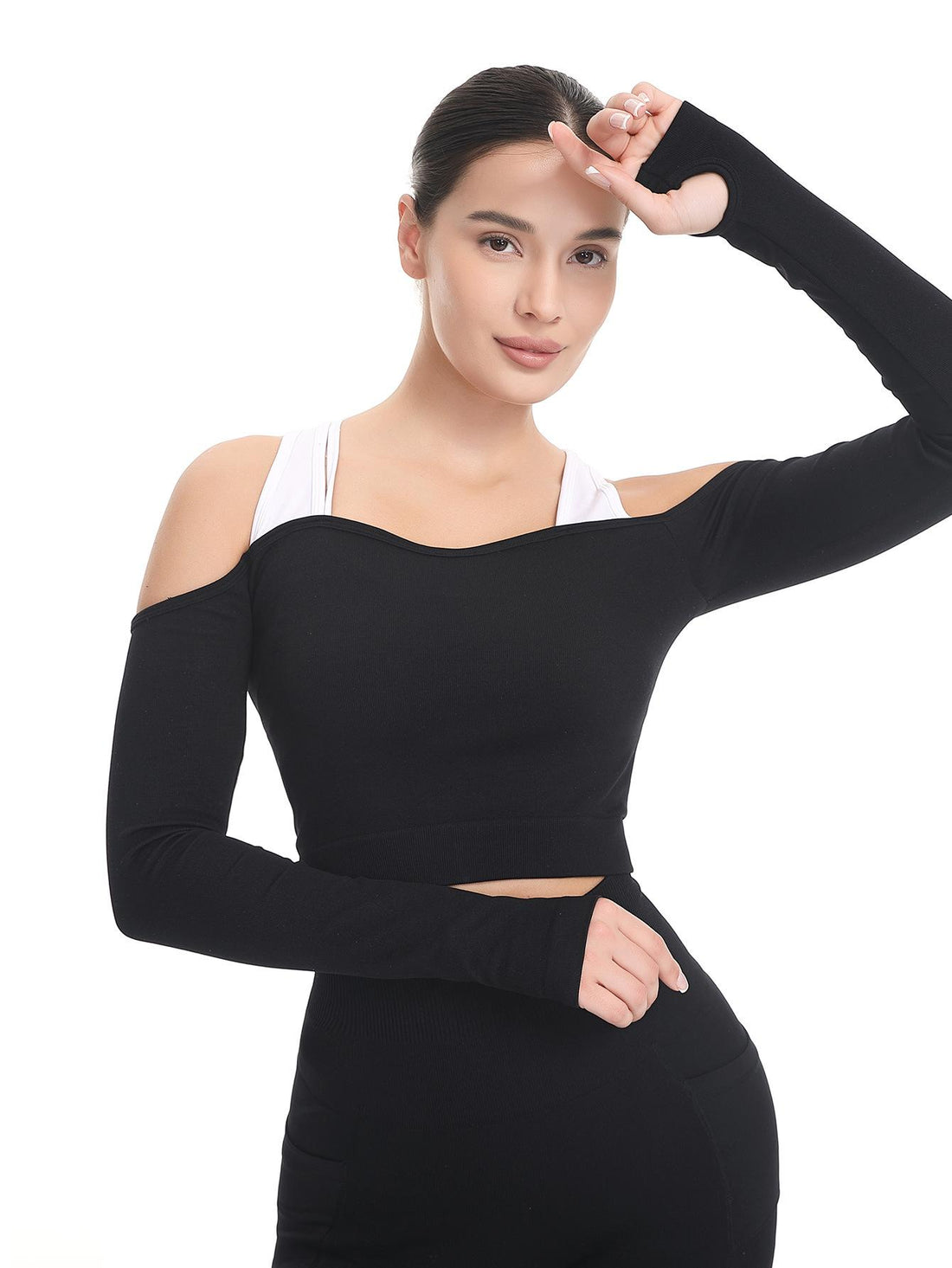 Color-blocked off-shoulder yoga top