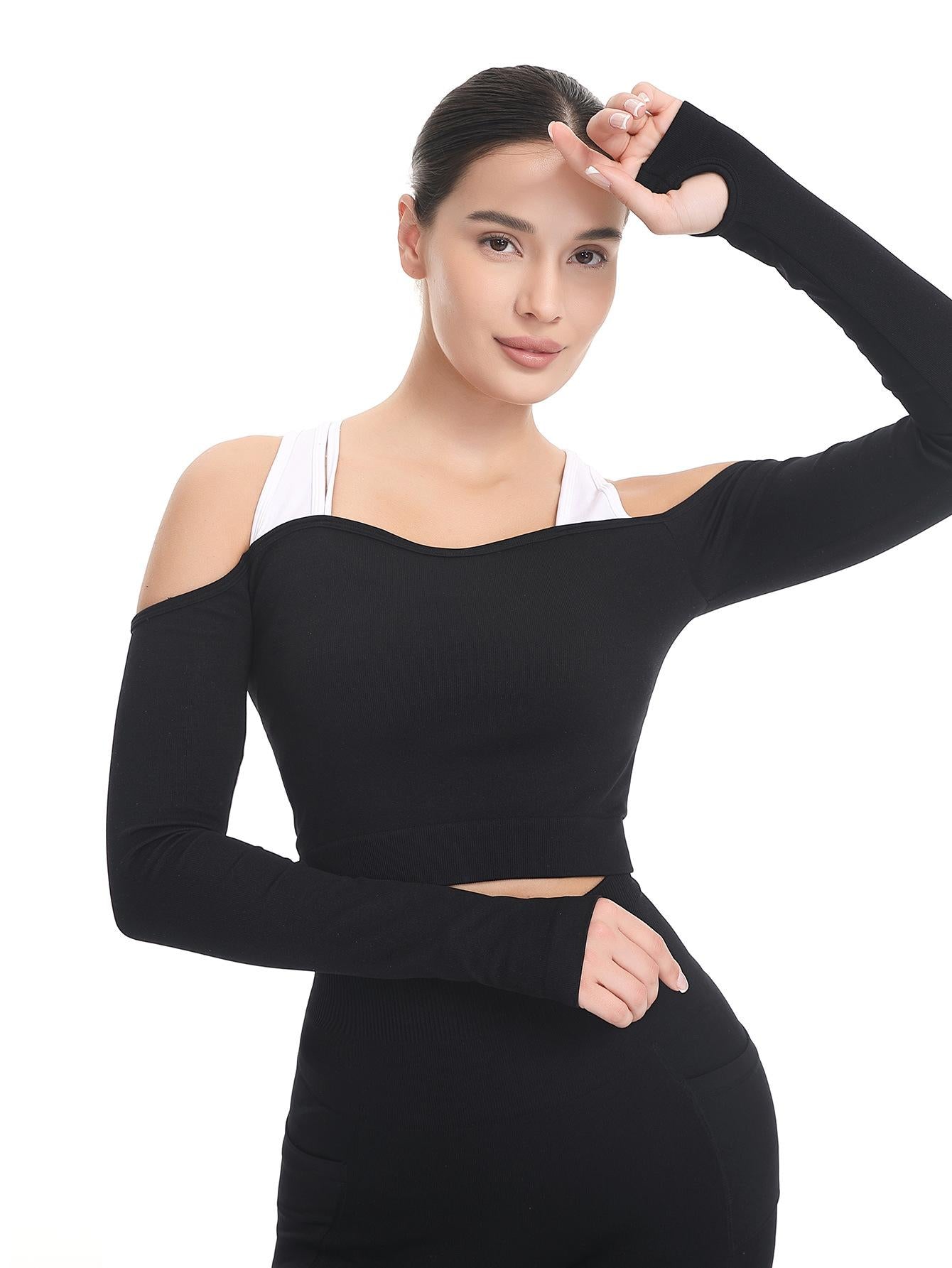 Color-blocked off-shoulder yoga top