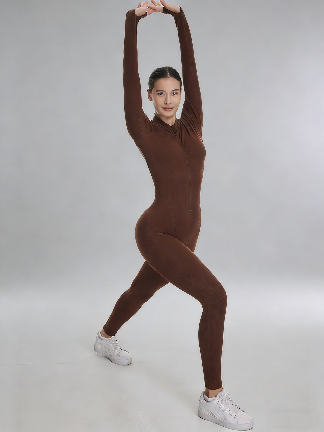 Lila Zen Stand Collar Zipper Long Sleeve Bodysuit Seamless One-Piece Yoga Wear