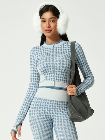 Lila Zen Seamless Houndstooth Print Zip-Up Cardigan Yoga Jacket