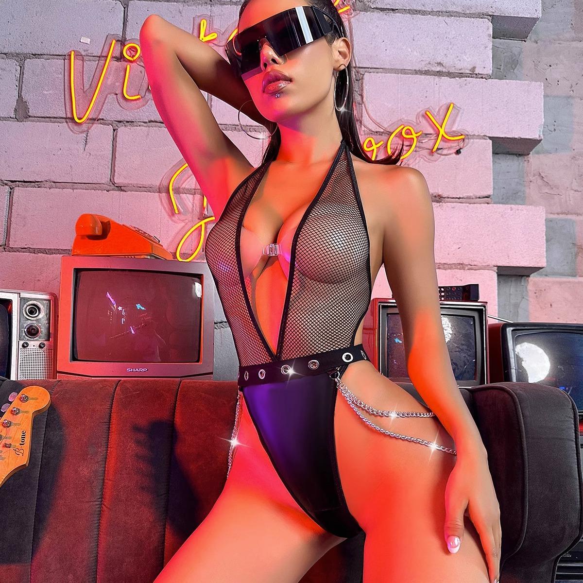 Lila Zen Sexy Women's Mesh Bodysuit with Patent Leather Playful Lingerie