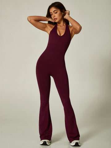 Lila Zen Sexy Halter-Neck Backless Flare Pants Yoga Fitness Sports Bodysuit