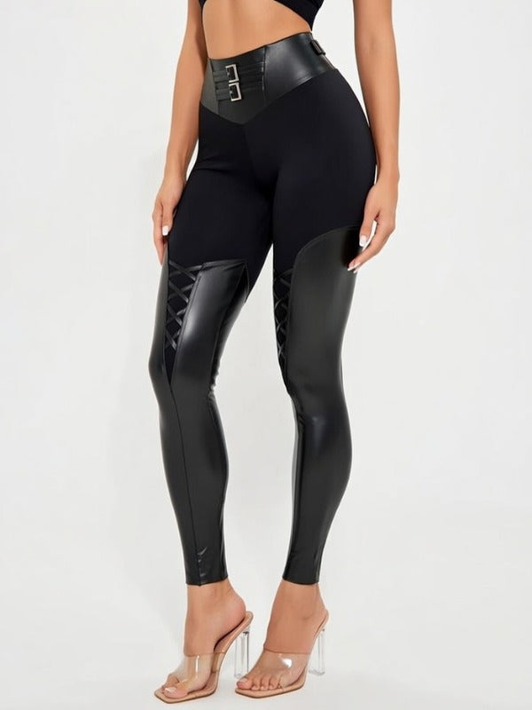 Crisscross-Leg PU Black Skinny Pants