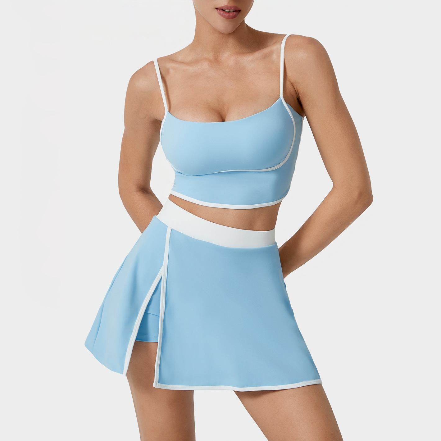 Lila Zen Women's color-blocked two-piece workout outfit, including a tennis skirt and a backless bra