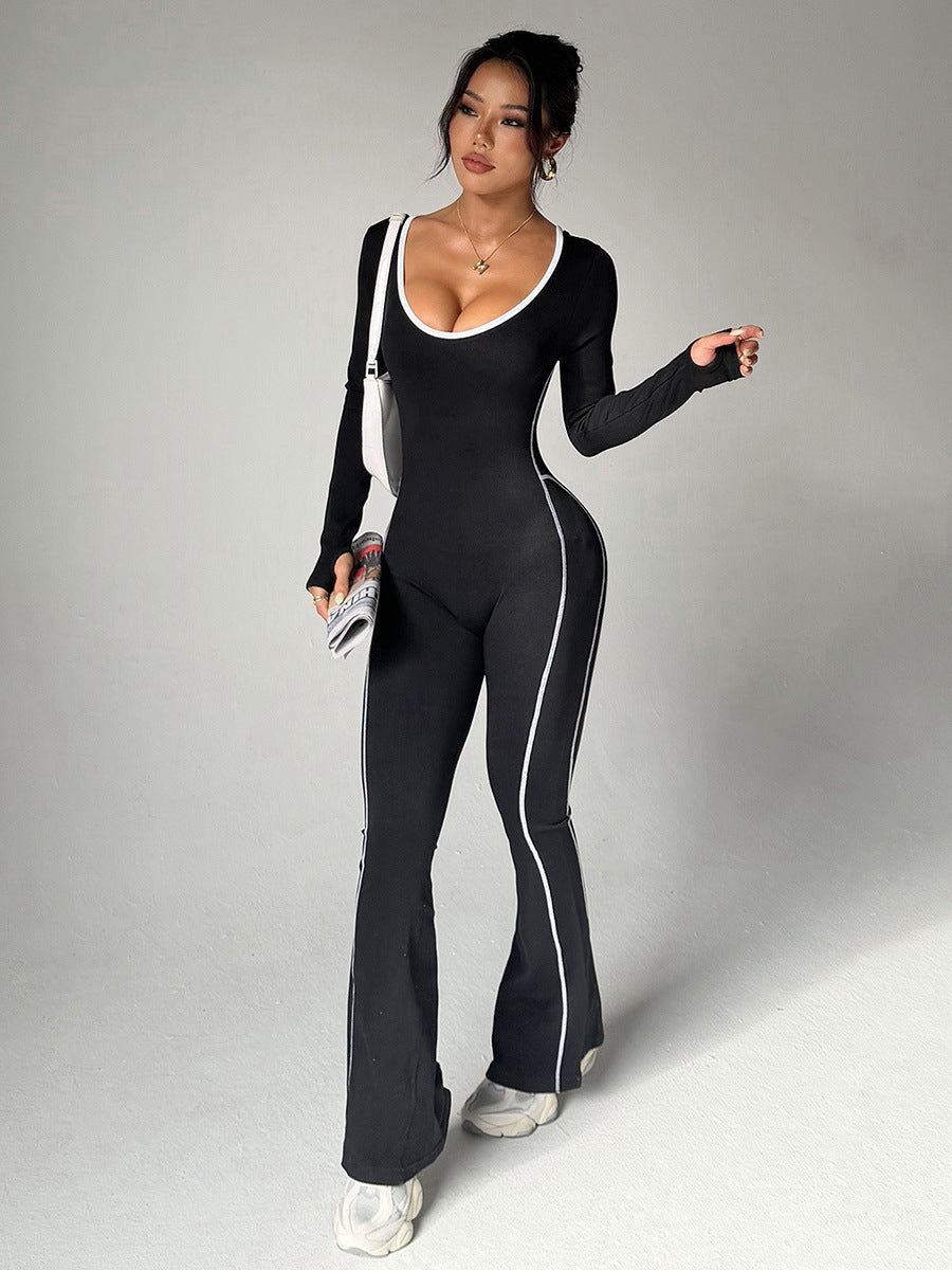 Lila Zen Seamless Striped Color Block One-Piece Yoga Wear with Crossback Flare Pants Fitness Apparel