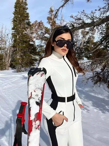 Luxe Belted Contrast Zip Ski Jumpsuit – One-Piece Snow Suit