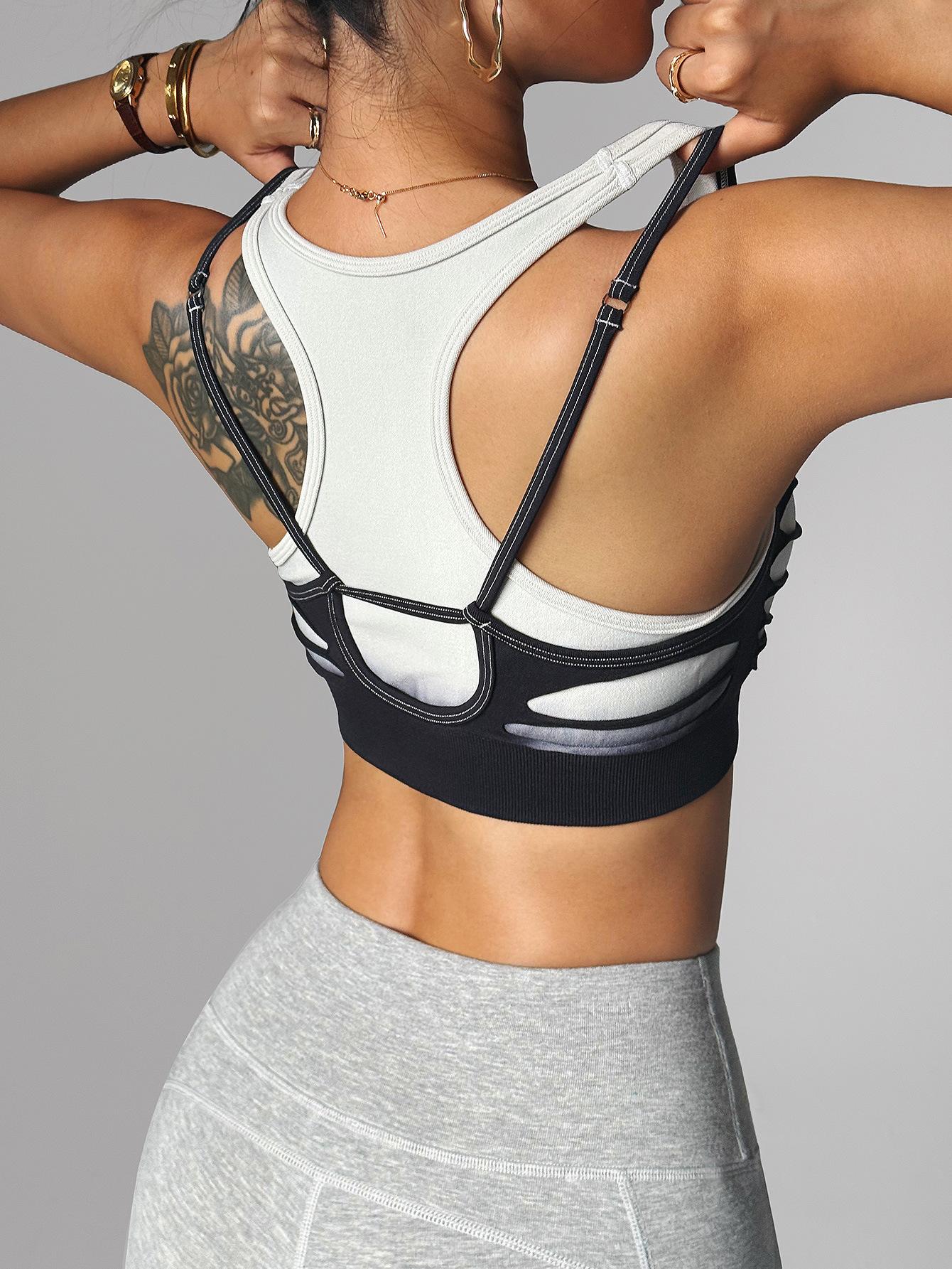 Lila Zen Sexy Two-Piece Black and White Color Block Striped Hollow-Out Sports Yoga Quick-Drying Underwear Vest