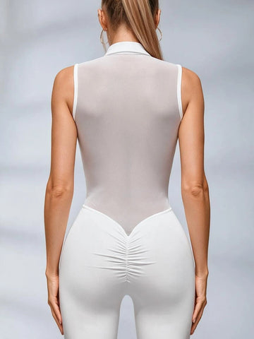 Sheer Mesh Back Deep V Back Scrunch Bum Zipper Jumpsuit
