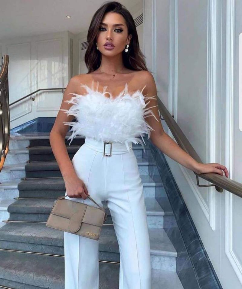 Feather Trim Sleeveless Slim Jumpsuit