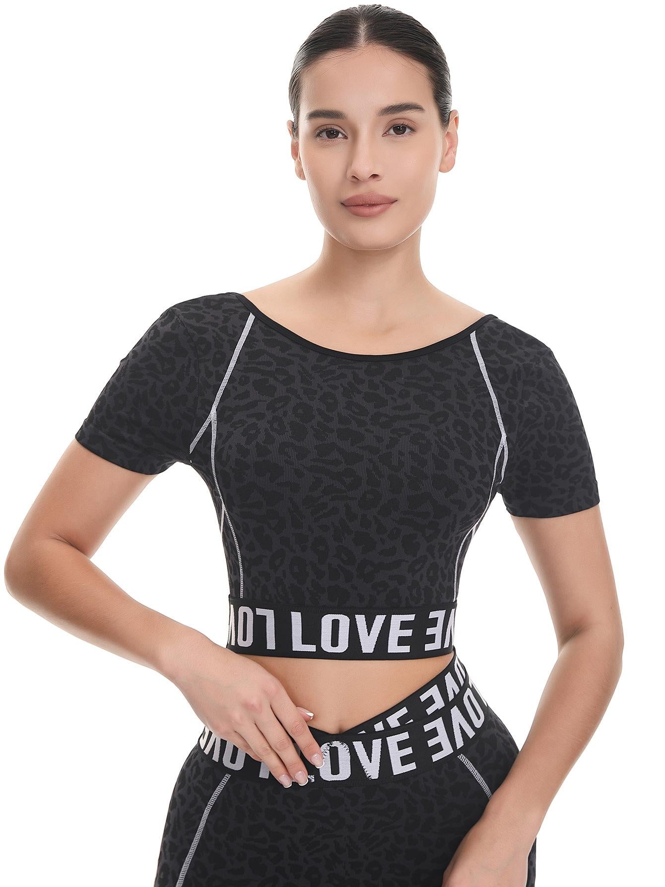 Lila Zen Leopard Print Letter Fitted Color Block Seamless Fitness Yoga Short-Sleeve Top