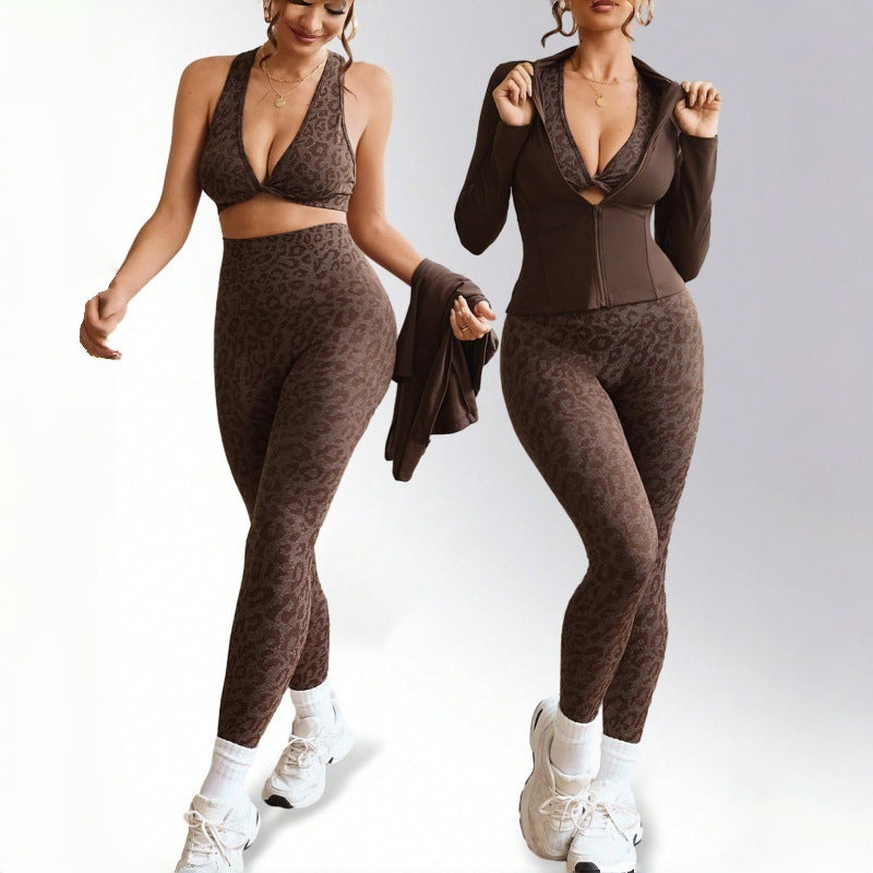 Lila Zen Leopard Print Yoga Vest, High-Waisted Hip-Lifting Pants, Zippered Long-Sleeve Yoga Three-Piece Set