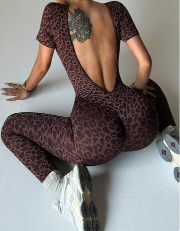 Lila Zen Fashion Leopard Print Sexy Open Back Seamless Slimming Sports Yoga One-Piece Bodysuit