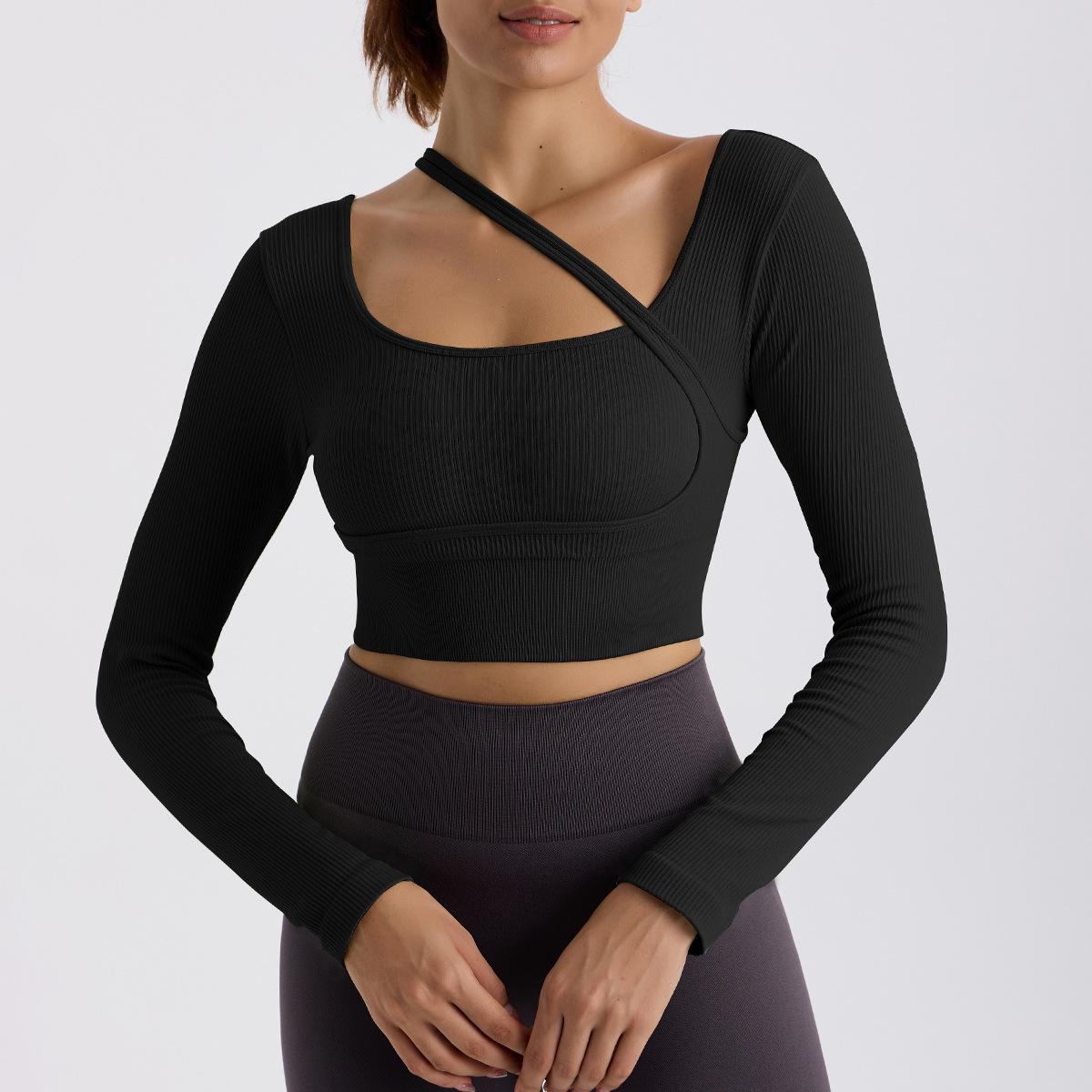 Lila Zen - Lila Zen Women's Ribbed Cross-Shoulder Long Sleeve Top - Crop Design Fitted Style, Yoga Workout & Daily Wear
