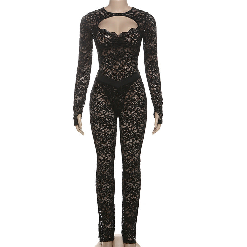 Black See-Through Guipure Lace Backless Bodycon Party Jumpsuit