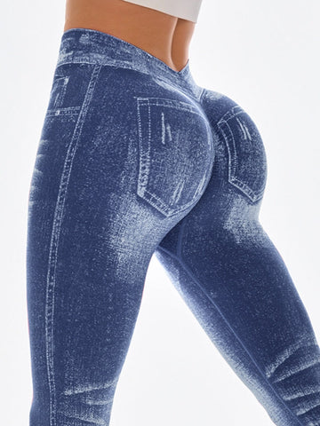 Deep V Back Denim Slim Leggings