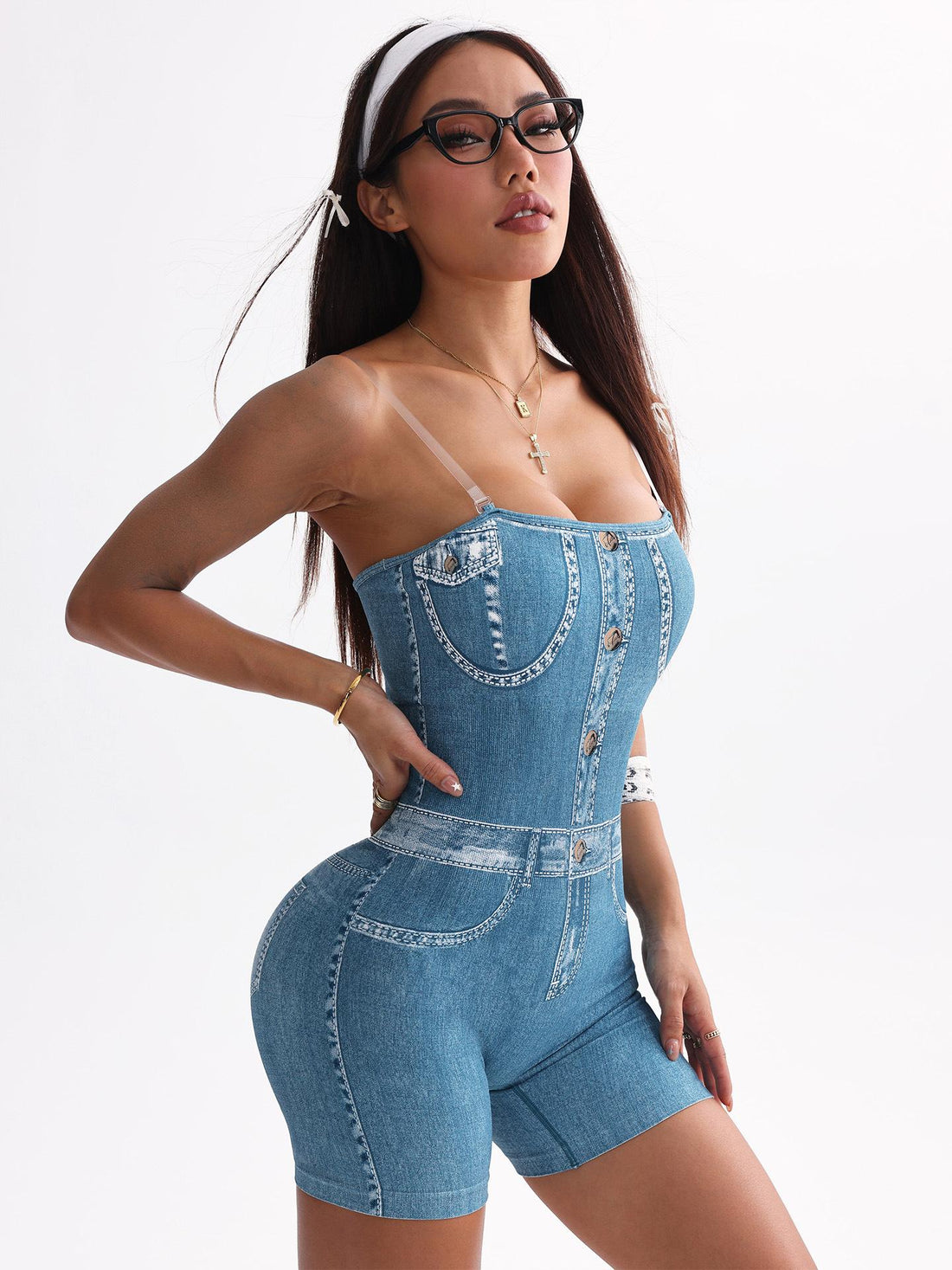 Lila Zen 3D Slim Fit Denim Overall Dress Casual Yoga Vest Shorts Jumpsuit