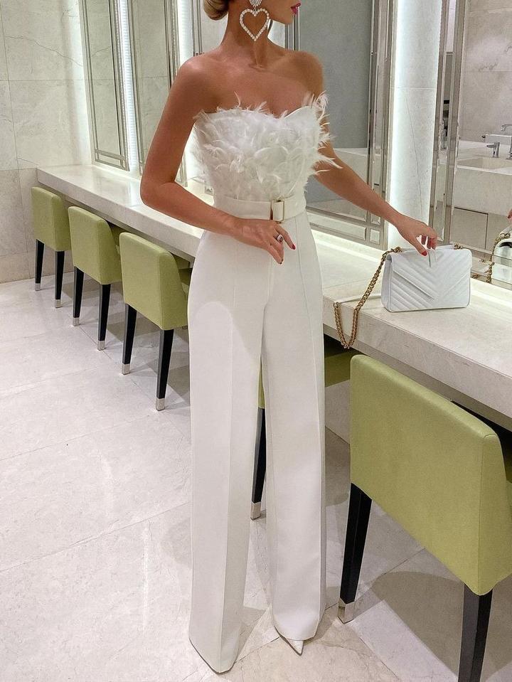 Feather Trim Sleeveless Slim Jumpsuit