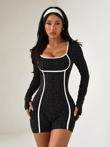 Lila Zen Sexy Slim-Fit Leopard Print Long-Sleeve Yoga Bodysuit for Women
