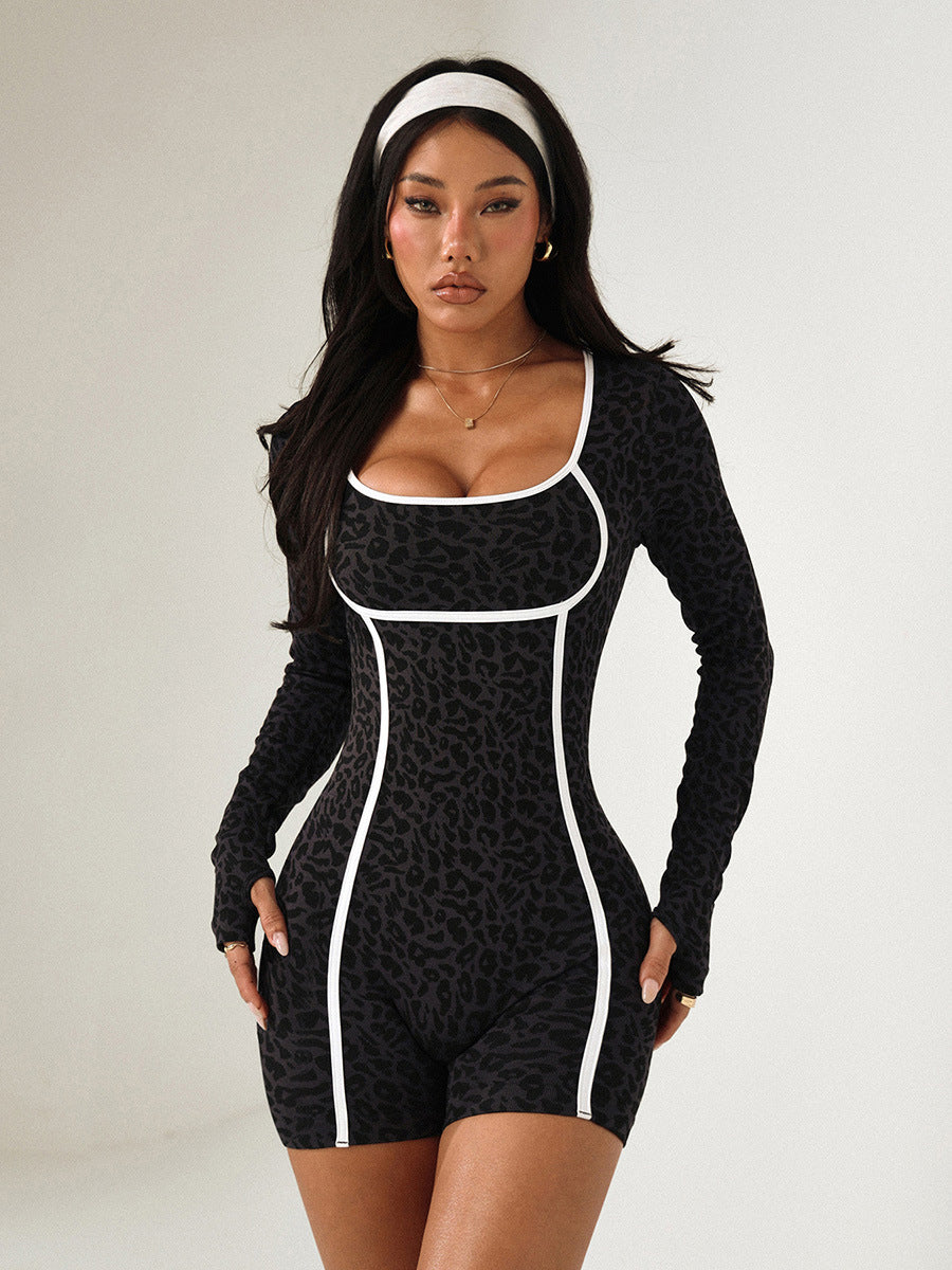 Lila Zen Sexy Slim-Fit Leopard Print Long-Sleeve Yoga Bodysuit for Women
