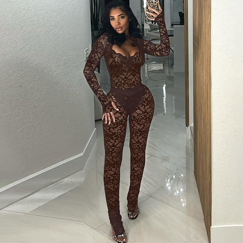 Black See-Through Guipure Lace Backless Bodycon Party Jumpsuit