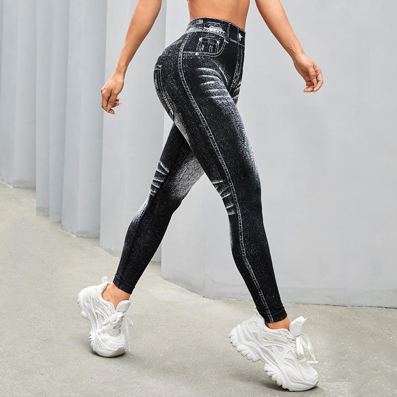 Lila Zen V Lila Zen Women's Faux Denim Seamless V-Waist Lifting and Quick-Drying Yoga Pants