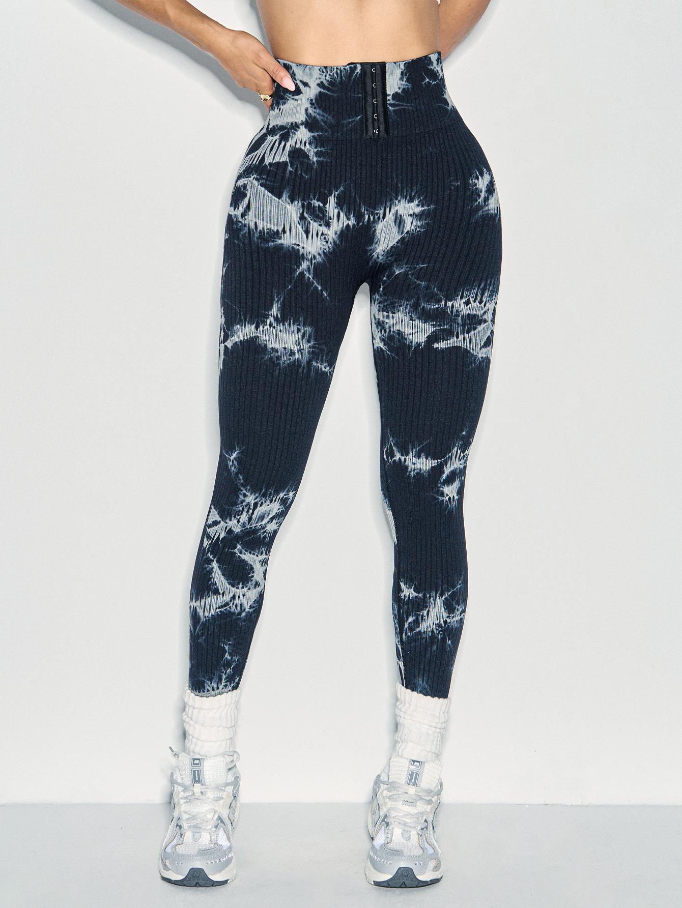 Front-button tie-dye yoga pants with tummy control and hip lift