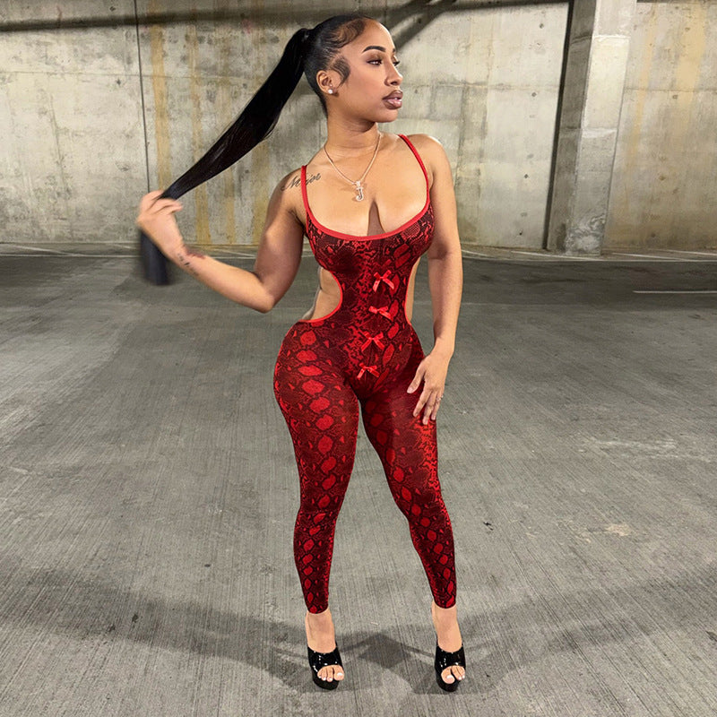 Leopard Print Cut-Out Halter Jumpsuit with Bow Detail