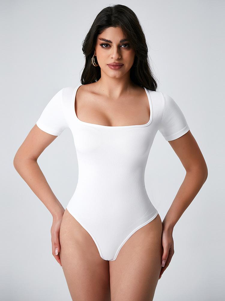 Lila Zen Square Neckline Fitted Waist Slim Fit Seamless Short Sleeve Thong Shapewear Jumpsuit for Women