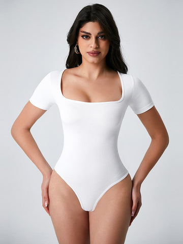 Lila Zen Square Neckline Fitted Waist Slim Fit Seamless Short Sleeve Thong Shapewear Jumpsuit for Women