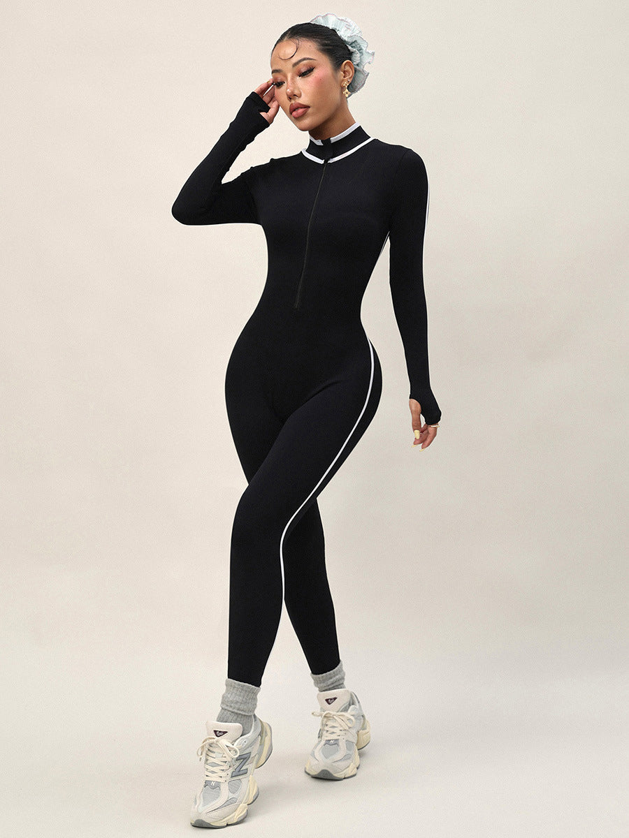 Lila Zen Stand Collar Slim Fit Zipper Color Block Trim Long Sleeve Yoga/Fitness Bodysuit