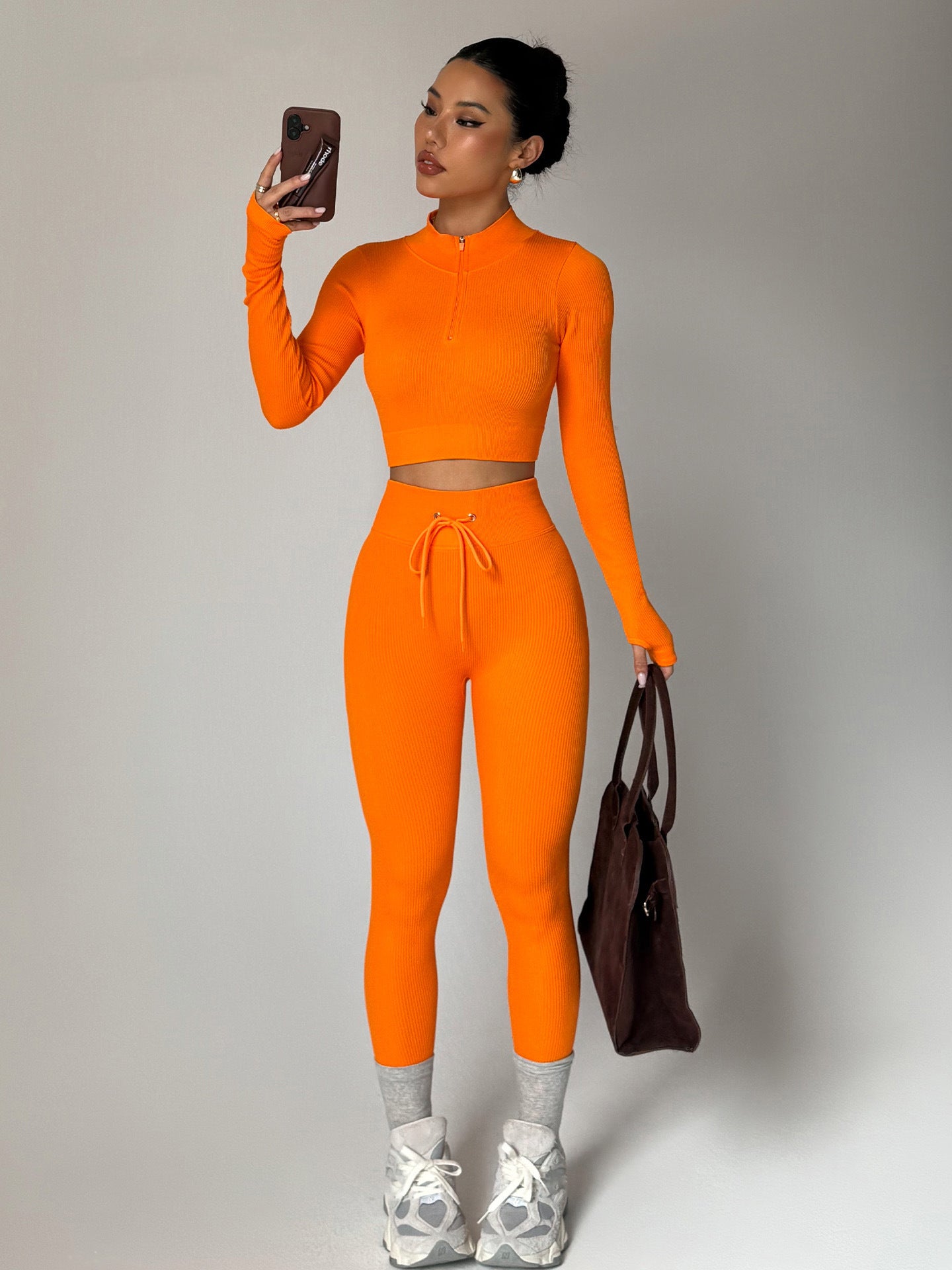 Lila Zen Adjustable Zippered Cuffs Long Sleeves High Waist Tie Waistband Shaping Fitness Yoga Workwear Set