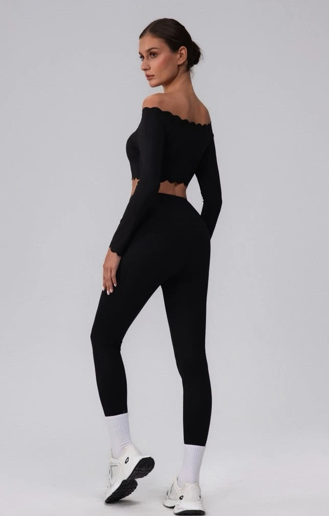 Black Scalloped Crop Top & Leggings Activewear Set