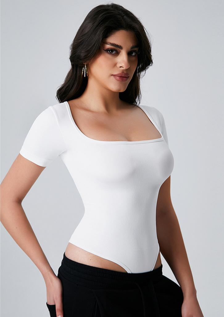 Lila Zen Square Neckline Fitted Waist Slim Fit Seamless Short Sleeve Thong Shapewear Jumpsuit for Women
