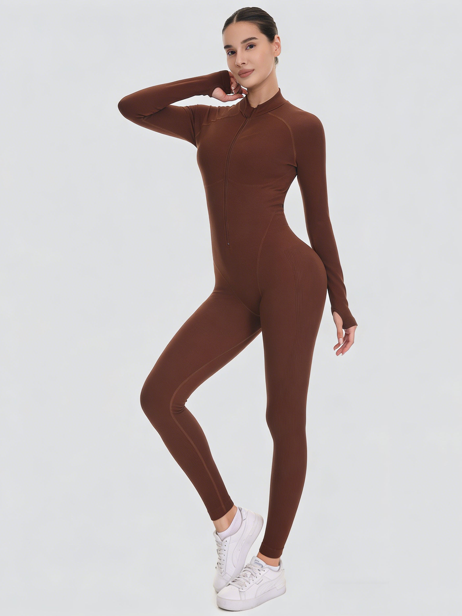 Lila Zen Stand Collar Zipper Long Sleeve Bodysuit Seamless One-Piece Yoga Wear