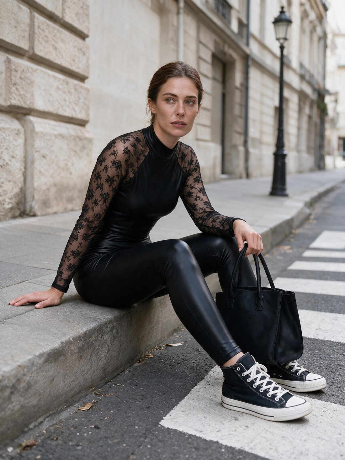 Lace-Sleeve Faux Leather Mock-Neck Catsuit