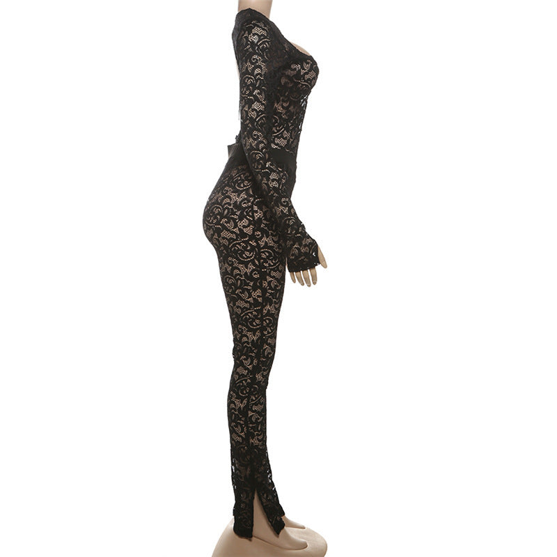 Black See-Through Guipure Lace Backless Bodycon Party Jumpsuit