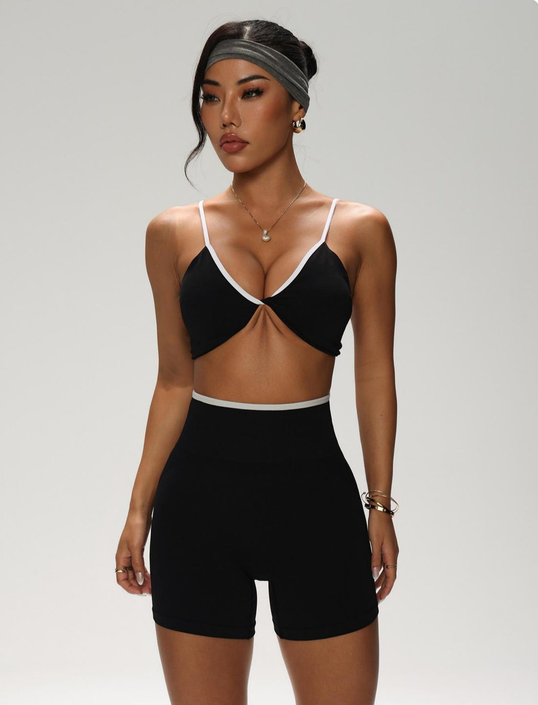 Lila Zen Color-blocked knotted backless bra and high-waisted yoga shorts two-piece set