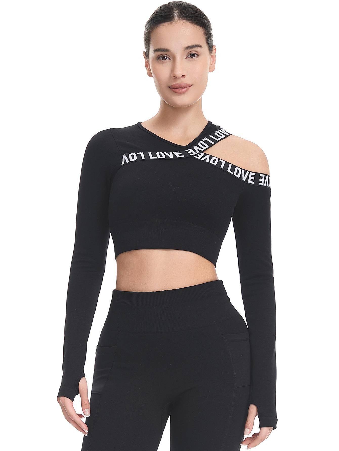 Asymmetrical Off-Shoulder Long-Sleeve Yoga Top with Letter Print