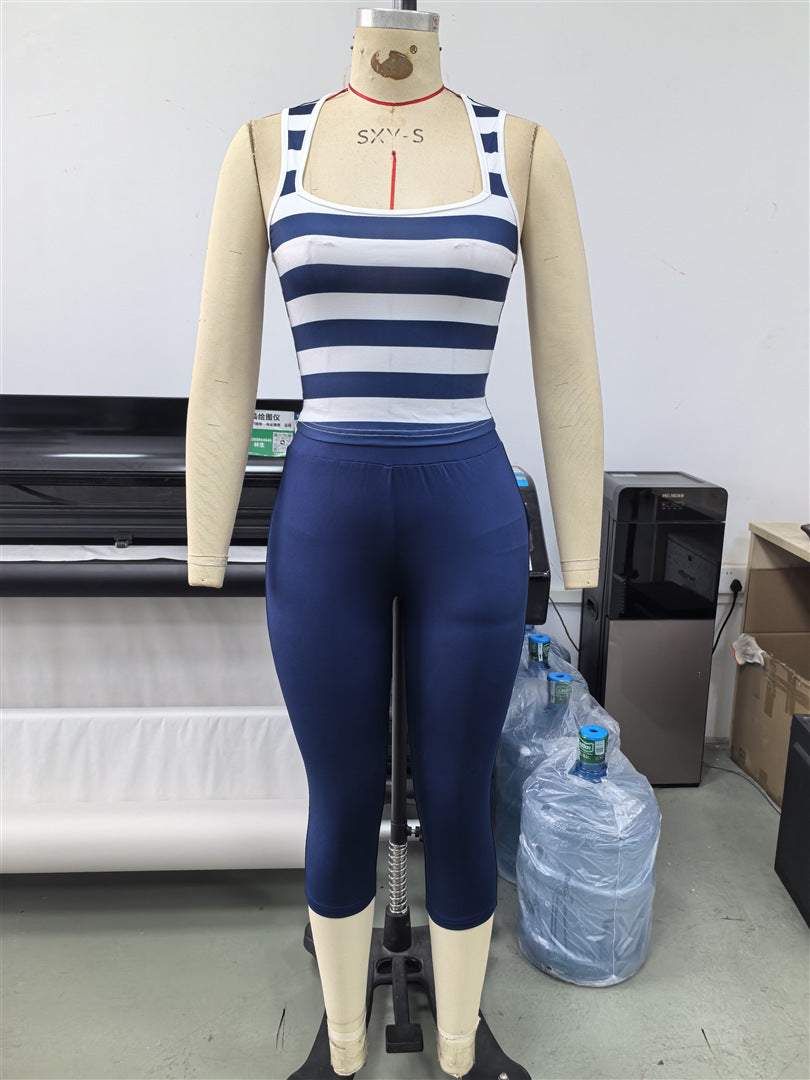 Colorblock Striped Tank and Capri Pants Activewear Set