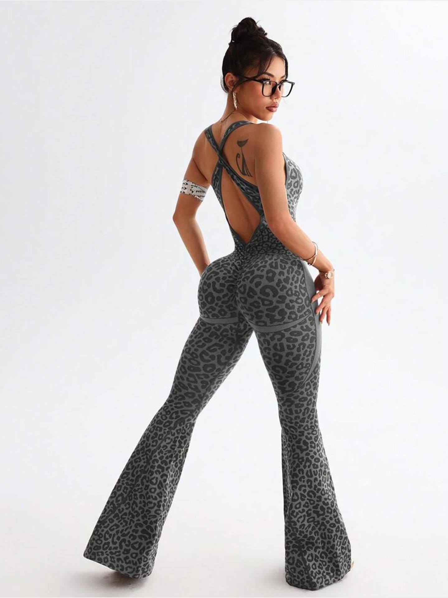 Lila Zen Leopard Print Crossback Flared Jumpsuit Yoga Pants