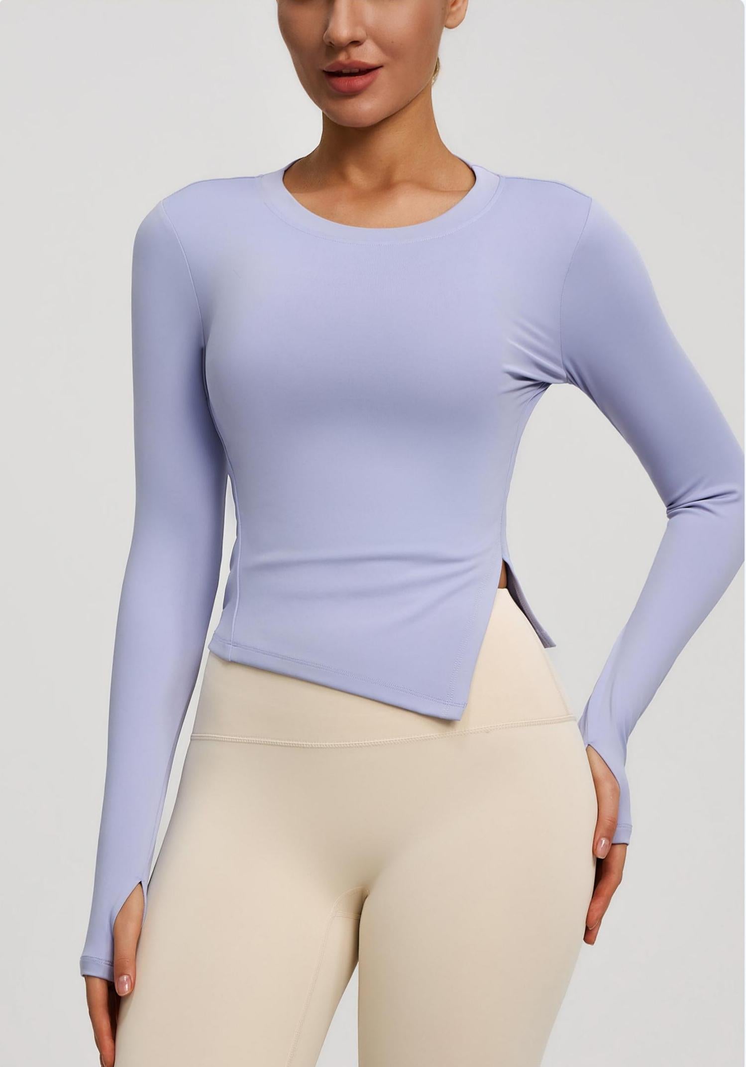 Lila Zen Round Neck Slim Fit Long Sleeve Yoga Top with Slit Hem