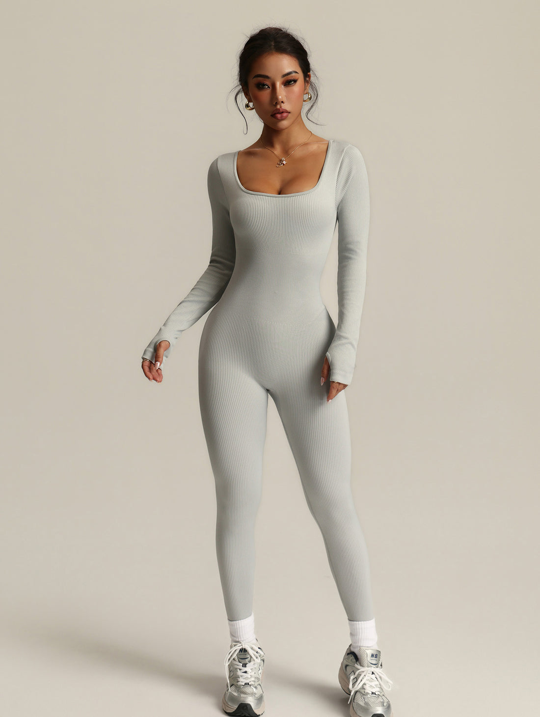 Lila Zen Seamless Square Neckline Drawstring Backless Long-Sleeved Bodysuit Yoga Suit