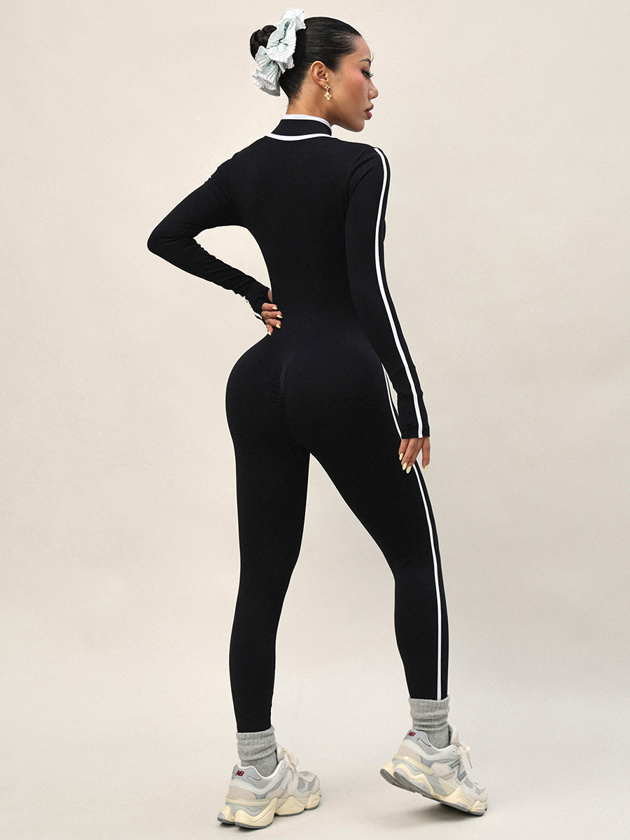 Lila Zen Stand Collar Slim Fit Zipper Color Block Trim Long Sleeve Yoga/Fitness Bodysuit