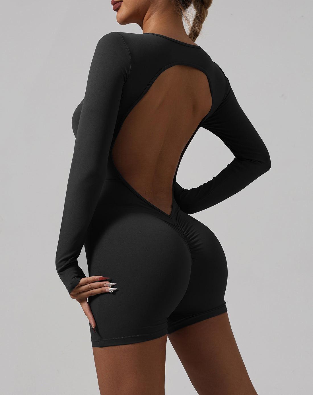 Lila Zen Sexy Backless Long-Sleeved Bodycon Yoga Bodysuit Shorts